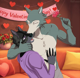 anthro black_body black_fur clothed clothing dancing duo eyes_closed fur holidays kissing male purple_eyes smile topless tommysamash beastars valentine's_day alex_(tristan_the_wolf) alex_nightmurr legoshi_(beastars) canid canine canis mammal wolf hi_res