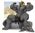 abs anthro areola barefoot biceps big_muscles biped black_body black_clothing black_nipples bottomwear claws clothing feet flexing looking_at_viewer male muscular muscular_anthro muscular_male muscular_thighs nipples pecs sitting smile smirk solo tail thick_thighs toe_claws toes triceps solard0gg0 aurelius_goldtalon canid canine mammal absurd_res digital_media_(artwork) hi_res