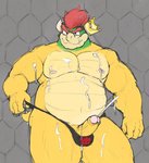 anthro balls bodily_fluids bowser_logo bowser_logo_thong clothing cum cum_covered foreskin genital_fluids genitals humanoid_genitalia humanoid_penis male messy musclegut muscular nipples penis solo thong underwear foomanari mario_bros nintendo bowser koopa scalie hi_res