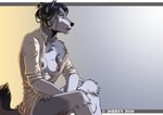 anthro ashryn bottomless breasts canid canine canis chest_tuft clothed clothing female fur grey_body grey_fur hair mammal nipples open_clothing open_shirt open_topwear shirt sitting small_breasts solo topwear tuft wolf