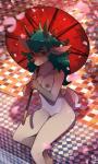 2019 anthro antlers biped blue_eyes blue_hair blush breasts danae_(character) deer digital_media_(artwork) fawn_spots female foxinshadow fur hair heart_symbol hi_res holidays horn mammal markings new_world_deer nipples nude pink_nipples reindeer shaded sitting solo spots spotted_body spotted_fur swimming_pool umbrella