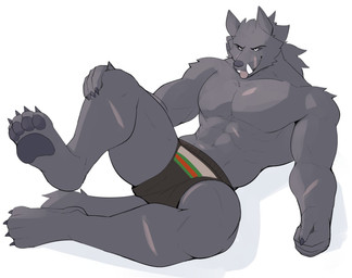 abs anthro black_pawpads clothed clothing fur grey_body grey_fur lying male muscular muscular_anthro muscular_male on_back pawpads paws scar simple_background smile solo underwear underwear_only jrjresq elden_ring fromsoftware blaidd_(elden_ring) canid canine canis mammal wolf 2022 hi_res