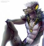 5_fingers abs alternate_species annoyed anthro arm_tuft athletic athletic_anthro athletic_male biped black_body black_fur black_nose blue_body blue_fur chain chain_jewelry chain_necklace cheek_tuft chest_tuft cigarette claws clenched_teeth countershade_face countershade_torso countershading crotch_tuft elbow_tuft eyebrows facial_tuft fangs fingerless_(marking) fingers fluffy fur fur_tuft furrification gold_(metal) gold_tooth grey_body grey_countershading grey_fur grey_markings hair highlights_(coloring) holding_object humanoid_hands jewelry looking_aside looking_away male markings multicolored_body multicolored_fur naturally_censored navel neck_tuft necklace nipples nude pendant pose rear_view reverse_countershading short_hair shoulder_tuft simple_background sitting snout soft_focus solo teeth tuft white_background white_body white_countershading white_fur white_hair white_nipples yellow_eyes sorafoxyteils nintendo pokemon team_skull guzma_(pokemon) canid canine mammal detailed digital_media_(artwork) portrait shaded signature soft_shading