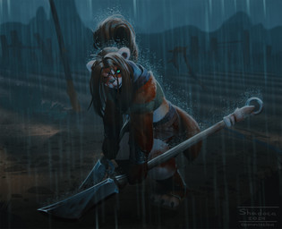 anthro blood bodily_fluids brown_hair claws detailed_background female green_eyes hair holding_melee_weapon holding_object holding_polearm holding_weapon looking_at_viewer melee_weapon one_eye_closed outside polearm raining red_body solo standing tail weapon shadoca blizzard_entertainment warcraft bear mammal pandaren hi_res