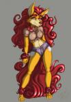 anthro bottomwear clothed clothing denim denim_bottomwear denim_clothing fangs female grey_background hair jeans long_hair looking_at_viewer navel pants red_hair simple_background solo teeth nintendarkland asian_mythology east_asian_mythology mythology gwen_quy_hoa foo_dog mammal hi_res