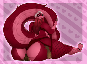 anthro dominant dominant_female duo facesitting female male male/female red_skunk sitting sitting_on_another skunk_tail megantheskunk hyena mammal mephitid skunk hi_res
