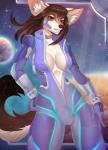 anthro bodysuit breasts bulge clothing gynomorph intersex looking_at_viewer nipple_outline skinsuit solo standing tight_clothing wide_hips avenayt lunarii canid canine mammal collaboration digital_media_(artwork) hi_res shaded