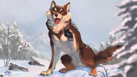 ambiguous_gender black_pawpads brown_body brown_fur claws digitigrade eyes_closed feral fur happy multicolored_body multicolored_fur open_mouth open_smile outside pawpads quadruped sitting smile snow solo toe_claws white_body white_fur zephyxus gausswolf canid canine canis mammal wolf 2026 digital_media_(artwork)