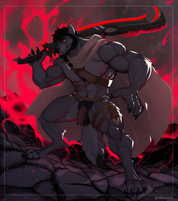 abs anthro balls flaccid genitals male melee_weapon muscular muscular_anthro muscular_male nipple_piercing nipple_ring nipples pecs penis piercing pubes ring_piercing solo sword tail weapon yellow_eyes protonano ronin_(innovator_aegis) canid canine canis mammal wolf hi_res