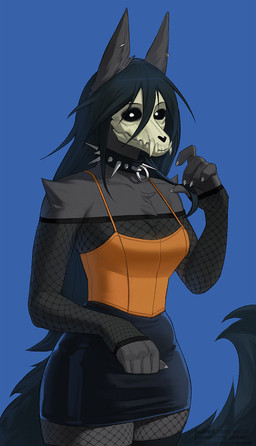 5_fingers anthro arm_tuft armwear black_body black_fur black_hair blue_background bone bottomwear breasts chest_tuft cleavage clothed clothing collar corset ear_piercing eye_contact female fingers fishnet_armwear fishnet_clothing fishnet_legwear fur hair legwear lingerie long_hair looking_at_another looking_at_viewer miniskirt orange_clothing orange_topwear piercing sharp_teeth shoulder_tuft simple_background skirt skull skull_head slim solo spiked_collar spikes standing tail teeth text topwear tuft white_eyes pulred scp_foundation scp-1471-a canid mammal 2025 digital_media_(artwork) hi_res url watermark