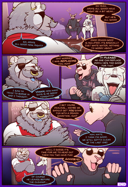 5_fingers 5_panel_comic andromorph anthro beard big_glasses bodily_fluids clothed clothed_anthro clothed_male clothing cuckold cum cum_drip cum_from_vagina cum_in_vagina cum_inside cum_on_ground dialogue dripping ear_piercing ear_ring eye_patch eyewear facial_hair facial_piercing fingers floor fur genital_fluids glasses grey_body grey_fur group hairless humor inside intersex laugh male mustache nose_piercing nose_ring nude_andromorph nude_anthro piercing pink_body pink_skin red_eyes ring_piercing sitting speech_bubble sunglasses text the_end trio white_body white_fur wood wood_floor daxhush arin_(daxhush) jeryl liam_(daxhush) borzoi canid canine canis domestic_cat domestic_dog felid feline felis hairless_cat hunting_dog hyena mammal sighthound sphynx_(cat) comic end_page english_text hi_res trans_(lore) trans_man_(lore)
