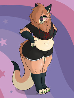 anthro belly belly_overhang big_butt blush bottomwear breasts bulge butt claws clothing crop_top fluffy freckles gynomorph hotpants intersex nails neck_tuft overweight shirt shorts shy smile solo squishing_belly thick_thighs topwear tuft wide_hips yoga_shorts kariwolf197 zoey_(kariwolf197) mamagen cel_shading hi_res shaded
