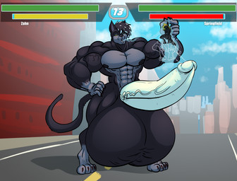abs anthro balls balls_expansion big_balls big_muscles big_penis black_body blonde_hair body_size_growth city city_background claws duo energy_drain erection expansion fighting_game gameplay_mechanics genital_expansion genitals growth gui hair hand_on_hip health_bar holding_micro huge_balls huge_muscles huge_penis humanoid_genitalia humanoid_penis hyper hyper_balls hyper_genitalia hyper_muscles hyper_penis larger_male male male/male micro muscle_growth muscular muscular_male nipples nude nude_anthro nude_male one_eye_obstructed open_mouth pecs penis penis_expansion shrinking size_difference size_transformation street sucking tail transformation vein yellow_eyes doctor_awesome springfield canid canine canis domestic_cat felid feline felis mammal wolf hi_res