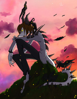 ambiguous_gender anthro claws clothed clothing cloud feral group hair horn male red_hair sitting solo_focus spikes sunset yellow_eyes sw1tchbl4de twilight-wolf ambient_arthropod ambient_firefly ambient_insect arthropod avian bird hi_res