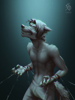 anthro arm_tuft barbed_wire blood bodily_fluids bottomwear cheek_tuft claws clothed clothing crying ears_back facial_tuft fangs finger_claws fur grey_body grey_bottomwear grey_clothing grey_fur grey_hair grey_pants hair logo male male_anthro obscured_eyes pants pivoted_ears shoulder_tuft solo standing tears teeth text topless tuft wounded cereus93 canid canine mammal absurd_res artist_logo artist_name hi_res