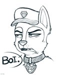 collar dialogue feral grumpy male police police_dog police_hat simple_background solo talking_feral text higglytownhero paw_patrol chase_(paw_patrol) canid canine canis domestic_dog german_shepherd herding_dog mammal pastoral_dog english_text monochrome young_(lore)