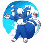 1:1 ambiguous_gender anthro english_text generation_6_pokemon happy japanese_meowstic kemono male_(lore) meowstic nintendo nude pokemon pokemon_(species) solo summer text