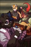 ambiguous_gender anthro bartending black_border border group male trio johnfreak canid canine canis felid feline gnoll hyena mammal wolf 2:3 absurd_res hi_res