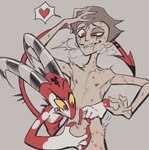 anthro bite_mark_on_arm bite_mark_on_shoulder duo grey_background heart_symbol male male/male navel_fingering nude simple_background spade_tail tail bubble_pop_sdk helluva_boss blitzo_(helluva_boss) stolas_(helluva_boss) demon human imp mammal hi_res