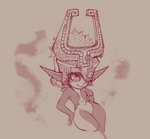 armor fangs female genitals hair headgear helmet looking_up navel not_furry pussy short_stack simple_background smile solo teeth wide_hips inkoart nintendo the_legend_of_zelda twilight_princess midna humanoid twili 2018 monochrome sketch