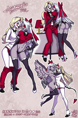 accessory bite biting_lip bottomwear bottomwear_down bow_tie breast_grab breasts clothed clothing duo eye_patch eyes_closed eyewear feathered_wings feathers female female/female footwear furniture grey_body grey_skin hair hair_accessory hair_ribbon hand_on_breast high_heels horn laugh legwear lgbt_pride panties pants pants_down partially_clothed red_cheeks ribbons romantic romantic_couple shoes smile spade_tail table tail thigh_highs underwear wings ratkingpoe hazbin_hotel hellaverse lgbt_pride_month charlie_morningstar vaggi_(hazbin_hotel) angel arthropod demon insect lepidopteran moth moth_demon 2024 2:3 hi_res watermark