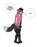 ambiguous_gender anthro artist_initials biped black_hair black_markings blonde_hair blush bottomless clothed clothing clothing_pull countershade_face countershade_feet countershade_fur countershade_torso countershading dialogue dipstick_tail feet front_view fur green_eyes grey_body grey_fur hair human_to_anthro inner_ear_fluff looking_at_another markings mid_transformation motion_lines null_bulge nullification open_mouth shirt shirt_pull simple_background snout solo species_transformation speech_bubble split_form standing striped_legs t-shirt tail tail_markings text three-quarter_view topwear topwear_pull transformation tuft whiskers white_background white_body white_countershading white_inner_ear_fluff white_markings year blackshirtboy sockfox canid canine fox human mammal 2024 4:5 absurd_res colored english_text hi_res shaded story story_in_description