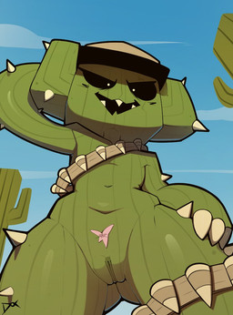 bandolier black_eyes blue_sky breasts cactus claws clothing featureless_breasts female finger_claws flat_chested genitals green_body hand_on_hip hands_behind_head hat headgear headwear low-angle_view plant pubes saguaro sharp_teeth sky solo spikes square_head teeth vulva mrdoccon cactus_creature cactus_humanoid elemental_creature elemental_humanoid flora_fauna humanoid plant_humanoid 2025 digital_media_(artwork)