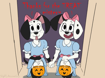 accessory anthro black_body black_fur black_nose black_tail blue_clothing bodily_fluids bottomwear bow_ribbon bucket clitoris clothed clothing clothing_lift container costume cum cum_in_bucket cum_in_container cum_in_pumpkin cum_in_vagina cum_inside dialogue doorway dress duo eyelashes female food freckled_face freckles fruit fur genital_fluids genitals gloves_(marking) hair_accessory hair_bow hair_ribbon halloween_costume hand_holding heart_(marking) holding_object holidays leaking_cum leaking_vagina leg_markings looking_at_viewer looking_up markings mole_(marking) night pink_bow plant presenting pumpkin red_text ribbons simple_background skirt skirt_lift smile smiling_at_viewer socks_(marking) spots tail teeth text tongue tongue_out trick-or-treating vulva white_body white_fur young young_female slightlyarousedguy 101_dalmatian_street 101_dalmatians disney halloween spooktober stephen_king_(copyright) the_shining dally_dalmatian_(th4t0n3dude) dilly_dalmatian_(th4t0n3dude) fan_character canid canine canis dalmatian domestic_dog mammal 2025 4:3 english_text hi_res shaded watermark sibling_(lore) twins_(lore)