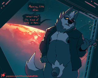 anthro balls black_nipples black_nose bottomless cheek_tuft cigarette clothed clothing facial_tuft foreskin front_view fur genitals grey_body grey_ears grey_fur grey_tail hair holding_cigarette holding_object humanoid_genitalia humanoid_penis inside male male_anthro moobs narrowed_eyes nipples open_clothing open_topwear orange_eyes overweight overweight_anthro overweight_male penis planet short_hair smoke solo speech_bubble standing star tail text topwear tuft vein veiny_penis white_balls white_hair window chocolateandmilk nintendo star_fox wolf_o'donnell canid canine canis mammal wolf english_text hi_res url