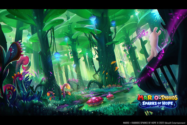 amazing_background ambiguous_anthro ambiguous_gender anthro black_eyes blue_flower copyright_symbol detailed_background flower forest fungus fur grass harp light magic mitten_hands mushroom musical_instrument musical_note musical_symbol noseless nude_ambiguous nude_anthro open_mouth open_smile outside plant plucked_string_instrument pond scenery_porn shrub sitting smile solo sparkles string_instrument symbol teeth text title toony tree water white_body white_fur year alessandra_de_bernardis mario_plus_rabbids_sparks_of_hope raving_rabbids rayman_(series) ubisoft lagomorph mammal rabbid 2023 absurd_res adobe_photoshop_(artwork) colored detailed digital_drawing_(artwork) digital_media_(artwork) english_description english_text hi_res letterbox lighting official_art shaded