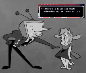 3_toes ambiguous_gender anthro barefoot bottomless clothed clothing duo electronics eyeless feet for_a_head fur grin male necktie paws plantigrade pointy_nose screen screen_face simple_background smile tail teeth television text toes toony roachgore deltarune undertale_(series) ralsei tenna_(deltarune) bovid caprine darkner goat humanoid mammal object_head screen_head tv_head digital_media_(artwork) english_text