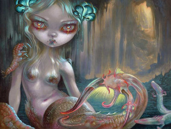 ambiguous_gender blonde_hair bra_(anatomy) breasts detailed_background eyebrows female feral fin fish_tail group hair legless lips long_hair looking_at_viewer mermaid_tail nude scaled_breasts scales split_form surrealism tail tail_fin thick_lips water jasmine_becket-griffith amphibian eel fish humanoid humanoid_merfolk mammal marine merfolk olm salamander 2024 4:3 dated formal_art painting_(artwork) traditional_media_(artwork) traditional_painting_(artwork)