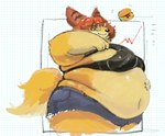 anthro belly black_nose bra burger clothed clothing eyewear fat_arms female food fur glasses hair hand_on_belly love_handles navel obese obese_anthro obese_female orange_body orange_fur orange_hair overweight overweight_anthro overweight_female simple_background smile solo tail tan_body tan_fur underwear hoshino_kedama nogami_(hoshinokedama) canid canine fox mammal hi_res