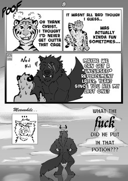 anthro backsack balls bodily_fluids dialogue dream duo ear_piercing ear_ring erection facial_scar genitals halo humanoid_genitalia hypnosis inner_monologue larger_male magic male male/male mind_control muscular nipple_piercing nipples nod nodding nude open_mouth penile penis piercing ring_piercing scar simple_background size_difference smaller_male smile sound_effects speech_bubble sweat sweating_profusely tail teeth text thinking tongue tusks picantetortuga mythology darius_(picantetortuga) juno_(picantetortuga) canid canine canis demon felid humanoid mammal mythological_canine mythological_creature pantherine tiger werecanid werecanine werecreature wolf absurd_res comic digital_media_(artwork) english_text hi_res monochrome
