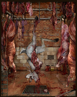 anthro blood bodily_fluids butcher character_prepared_as_food container corpse detailed_background female food gore gore_focus hook jar meat sausage slaughterhouse solo torture jeffusherb deer mammal digital_media_(artwork) hi_res pixel_(artwork)