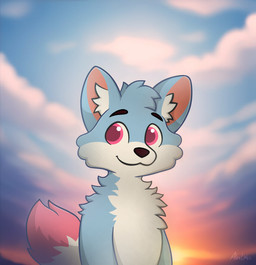 ambiguous_gender anthro blue_body blue_fur dipstick_tail fluffy fur markings pink_eyes pink_tail_tip sky smile solo sunset tail tail_markings white_body white_fur alexumka umkashka canid canine canis domestic_cat domestic_dog felid feline felis fox mammal wolf hi_res icon portrait male_(lore)