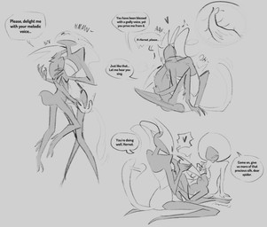 anthro arthropod_abdomen clothing dialogue female genitals group group_sex gynomorph intersex intersex/female kneeling leotard nude penis sex speech_bubble tail text threesome trio lordsapathy hollow_knight:_silksong hollow_knight_(franchise) team_cherry hornet_(hollow_knight) lace_(hollow_knight:_silksong) shakra_(hollow_knight:_silksong) arthropod insect english_text hi_res monochrome
