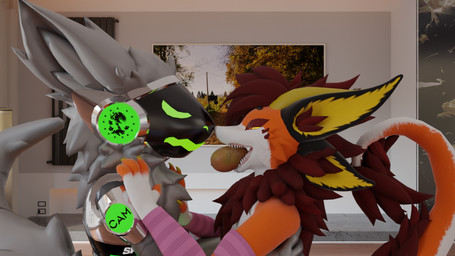 anthro armor biped body_hair breastplate c.a.m. chest_fur chest_hair chest_tuft chrome chrome_body cybernetic_arm cybernetic_limb cybernetics digitigrade duo fingers fluffy fluffy_ears fluffy_hair fluffy_tail food fruit fur glowing glowing_body glowing_eyes green_body green_eyes grey_body grey_fur grey_hair hair holding_food holding_object horn kitchen machine male mango_(fruit) metal metallic_body military multicolored_body neck_tuft open_mouth orange_body plant prosthetic prosthetic_arm prosthetic_limb protogen_armor protogen_face protogen_visor protogenized robotic robotic_arm robotic_limb screen screen_face simple_background smile soldier special_forces tail tail_tuft tuft warrior white_body vibincane9 mythology cane9 yuri_chacal canid canine canis dragon jackal mammal mythological_creature mythological_scalie protogen scalie 16:9 3d_(artwork) colored digital_media_(artwork) hi_res widescreen