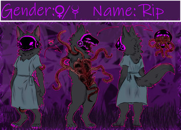 anthro barefoot body_horror directional_arrow ears_up feet female fur gore grey_body grey_fur looking_back machine medical open_chest open_mouth solo standing tail teeth teeth_showing tentacles text roli_poli rip_(roli_poli) protogen hi_res model_sheet