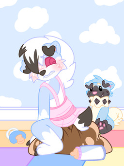 anthro baby_bottle blush clothed clothing crossdressing diaper embarrassed feces male pacifier soiled_diaper unclean_diaper used_diaper backndiapers nintendo pokemon fan_character canid canine generation_7_pokemon lycanroc mammal midnight_lycanroc pokemon_(species) rockruff shiny_pokemon hi_res