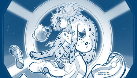 anthro biped breasts butt casual_nudity clothing curled_up digitigrade featureless_breasts feet female fingers floating fur furgonomics hair markings medium_breasts nude nude_anthro nude_female pawpads rear_view side_boob side_view smile solo space spacecraft spaceship_interior spacesuit spots spotted_body spotted_fur spotted_markings spotted_tail star tail tail_markings toes under_boob undressing vehicle window zero_gravity conditional_dnp tom_fischbach twokinds kathrin_vaughan canid canine felid hybrid keidran mammal pantherine 2026 7:4 blue_and_white digital_drawing_(artwork) digital_media_(artwork) hi_res monochrome sketch