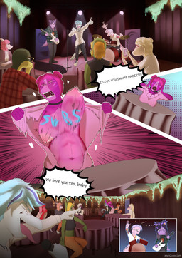 3_horns anthro areola arm_tattoo bald bass_drum bass_guitar big_areola big_breasts black_boots black_bottomwear black_clothing black_footwear black_pants blonde_hair blue_body blue_hair blue_highlights blue_scales body_tattoo body_writing bone_frill boots bottomwear bouncing_breasts breasts brown_hair bubble cellphone chain_necklace choker clothing crowd cymbals detailed_background dialogue double_bun drum drum_set drunk drunk_bubble electronics exposed_breasts eyes_closed eyewear feathers female flannel_shirt footwear frill_(anatomy) glasses green_body green_scales grey_hair group guitar hair hair_bun highlights_(coloring) horn huge_areola inside jewelry long_tail male microphone midriff multi_horn multicolored_body multicolored_hair multicolored_scales musical_instrument necklace nipples open_mouth open_smile orange_body orange_bottomwear orange_clothing orange_pants orange_scales pants percussion_instrument phone pink_body pink_hair pink_scales playing_guitar playing_music plucked_string_instrument purple_body purple_hair purple_scales rectangular_glasses red_body red_eyes red_scales scales shirt shoes short_hair sitting smartphone smile sneakers snout spiked_tail spikes spikes_(anatomy) stage string_instrument substance_intoxication tail tattoo text tom_drum topwear torn_clothing torn_shirt torn_topwear two_tone_body two_tone_hair two_tone_scales undressing white_clothing white_footwear white_shoes white_sneakers yellow_body yellow_scales altgaming2419 goodbye_volcano_high ko_op_(game_developer) background_character claire_(gvh) curtis_(gvh) geddy_(gvh) lj_(gvh) nick_(gvh) rosa_(gvh) susan_(gvh) trent_(gvh) allosaurid allosauroid allosaurus aquilops atrociraptor baryonyx ceratopsian ceratopsid chasmosaurine chasmosaurus dinosaur dromaeosaurid feathered_dinosaur feathered_scalie hadrosaurid marginocephalian ornithischian ornithopod parasaurolophus prehistoric_species reptile saurischian scalie spinosaurid theropod triceratops 2025 absurd_res artist_name comic digital_drawing_(artwork) digital_media_(artwork) english_text hi_res watermark