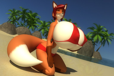 anthro beach big_breasts bikini breasts clothed clothing detailed_background female hair huge_breasts hyper outside pose red_hair sand seaside sky smile solo swimwear two-piece_swimsuit water anthroanim colossal_kimberly 3:2 3d_(artwork) digital_media_(artwork)