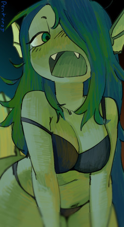 big_breasts blush bra breasts clothing female fin green_body green_eyes green_hair hair leaning leaning_forward long_hair looking_at_viewer messy_hair navel non-mammal_breasts non-mammal_navel open_mouth panties sharp_teeth simple_background solo standing tail teeth thick_thighs underwear wide_hips penturice sarah_(penturice) aquatic fish absurd_res hi_res watermark