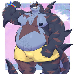 anthro belly biceps big_belly black_nipples black_sclera bottomwear brown_markings clothed clothing dorsal_fin elbow_fin fangs fin fist flexing flexing_bicep front_view gills grey_body male markings musclegut muscular muscular_arms muscular_thighs nipples non-mammal_nipples notched_fin orange_eyes pecs reunion_island shorts smile smiling_at_viewer solo tail tail_fin teeth topless topless_anthro topless_male wristband yellow_bottomwear yellow_clothing yellow_shorts same22shark nelson_(same22shark) aquatic fish shark 1:1 2024 digital_media_(artwork) hi_res portrait signature three-quarter_portrait