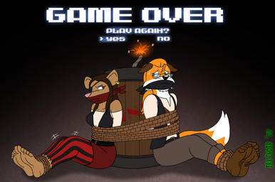 5_toes angry anthro barefoot barrel bdsm bodily_fluids bondage bound captured clothed clothing duo explosives fantasy feet female foot_focus fully_clothed gag game_over gameplay_mechanics hands_behind_back humanoid_feet looking_back male pirate plantigrade restrained restraints rope sitting soles submissive submissive_female submissive_male sweat tnt toes irkingir first_mate_(irkingir) tracy_(irkingir) canid canine fox mammal murid murine rat rodent