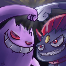 ambiguous_gender duo fist_bump gesture grin naughty_face red_eyes red_sclera sharp_teeth smile teeth vaporotem nintendo pokemon generation_1_pokemon generation_4_pokemon gengar ghost pokemon_(species) spirit weavile 1:1 digital_media_(artwork)