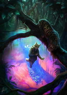 4_fingers 4_toes 5_fingers ambiguous_gender anthro backpack black_body black_fur black_lips black_nose black_spots blue_spots branch clock clothed clothing detailed_background digitigrade duo feet feral fingers forest fur grass high-angle_view hindpaw holding_object holding_tool humanoid_hands in_tree inner_ear_fluff jungle leaf lips long_mouth looking_down looking_up markings nature no_sclera orange_body orange_eyes orange_fur outside paws photorealism pink_nose plant realistic red_eyes shadow snout spots spotted_body spotted_fur stalking toes tools tree tuft walking watch water whiskers white_body white_fur johis canid canine clouded_leopard felid fox mammal pantherine red_fox true_fox detailed