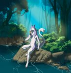 ambiguous_gender anthro detailed_background flower forest male plant river sitting sniffing solo tail tail_motion tail_sway tree water wind sipuha foxin sergal animated colored detailed hi_res short_playtime