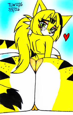 accessory anthro big_breasts big_butt bikini blonde_hair breasts butt clothing curvy_figure eyebrows eyelashes eyelashes_through_hair female freckled_butt freckled_face freckles fur gold_bikini hair hair_accessory hairband heart_symbol huge_breasts huge_butt long_eyelashes long_hair looking_at_viewer looking_back multicolored_body multicolored_fur ponytail raised_tail rear_view sitting solo striped_body striped_fur stripes swimwear tail translucent translucent_hair two-piece_swimsuit two_tone_body two_tone_fur two_tone_tail voluptuous white_body white_fur white_tail wide_hips yellow_body yellow_fur yellow_tail theloanwanderer216 golden_week mihoyo zenless_zone_zero pulchra_fellini felid feline mammal thiren 2026 absurd_res hi_res traditional_media_(artwork)